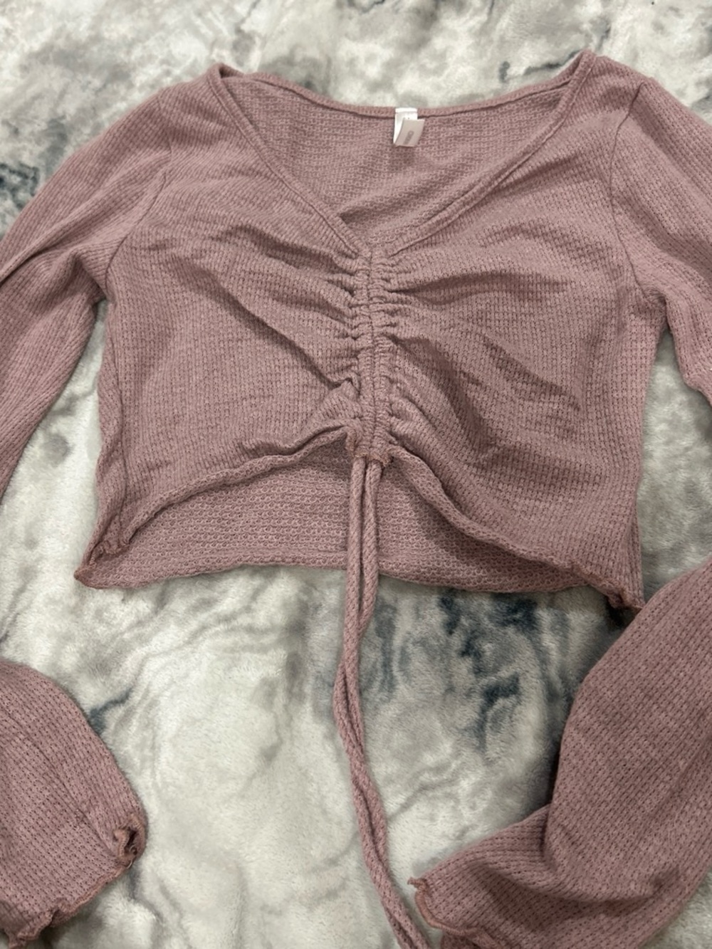 Ruched Front Long Sleeve Crop Top - Mauve Pink
